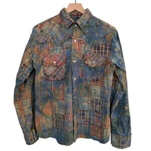 Custom Distresssed Studded Yolk Patchwork Madras Plaid Western Shirt